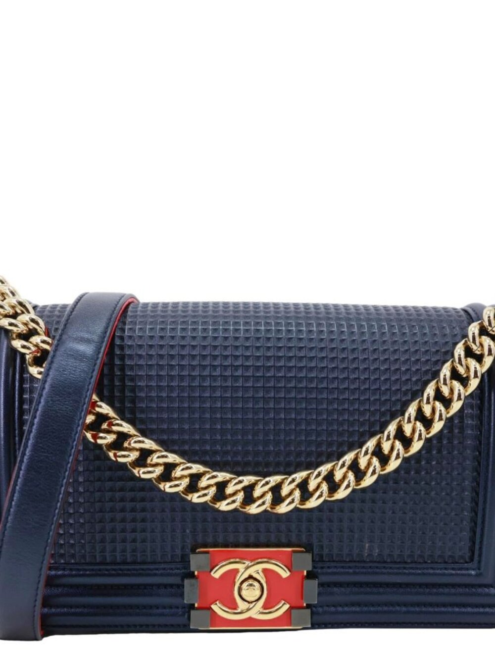 Chanel  Boy Flap Medium Cube Embossed Leather Shoulder Bag Navy Blue